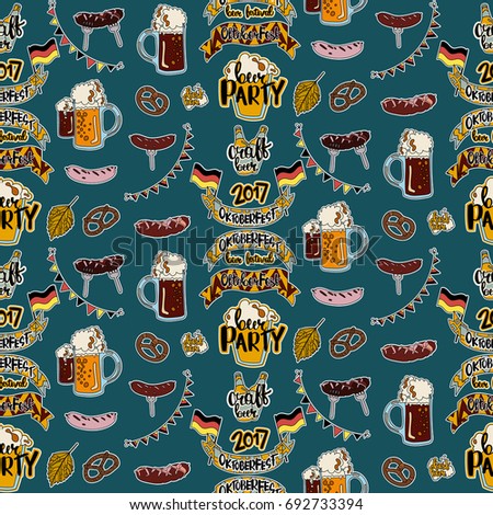 Seamless Oktoberfest pattern on dark background. Oktoberfest card design, menu, invitation, oktoberfest design for advertising, poster, oktoberfest banner, art, beer menu, flyer, tshirt, print.