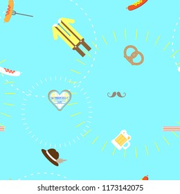 seamless oktoberfest with sausage,pretzel,hat,cookies,man overalls,beer,beard,bacon repeat pattern in blue background flat vector illustration design