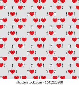 Seamless Old Black Keys Red Hearts Light Gray Background Valentines Day Vector Pattern