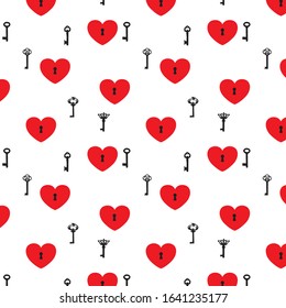 Seamless Old Black Keys Red Hearts White Background Valentines Day Vector Pattern