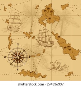 seamless old map with a compass and ships in yellow