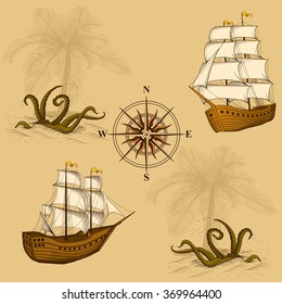 seamless old map with a compass and ships in yellow