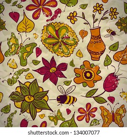 Seamless old pattern of flowers, butterflies and insects