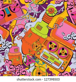 Seamless old school pattern, music and mechanisms