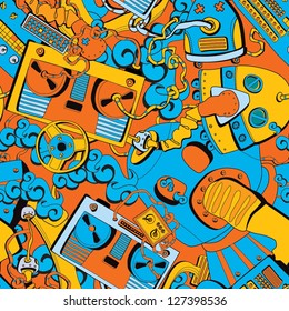 Seamless old school pattern, robots and tapes