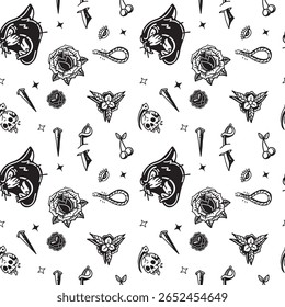 Seamless Old School Tattoo Pattern featuring classic American traditional tattoo elements such as anchors, roses, daggers, swallows, hearts, skulls, and banners. Bold and Colour full