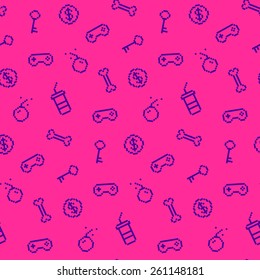 Seamless oldschool gaming inspired pattern, game icons, achievements, 90s background