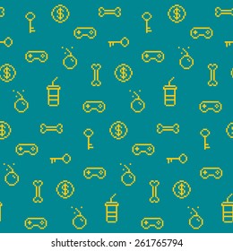 Seamless oldschool gaming inspired pattern, game icons, achievements, 90s background