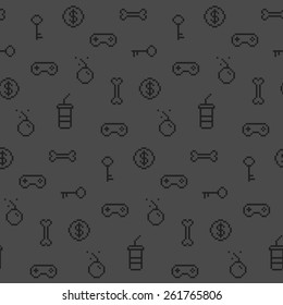 Seamless oldschool gaming inspired pattern, game icons, achievements, 90s background