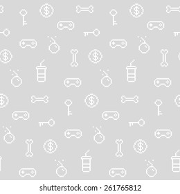 Seamless oldschool gaming inspired pattern, game icons, achievements, 90s background