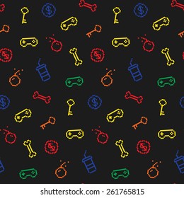 Seamless oldschool gaming inspired pattern, game icons, achievements, 90s background