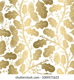 Seamless oldstyle gold color oak leaf pattern. Hand drawn elements, home decor, textile design.