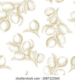 Seamless olive background golden line. Woodcut engraving olive branch with leaves pattern Vector Vintage.