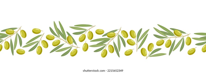 Seamless olive border. Frame with olives Branch. Berries and leaves. Repeated Flat vector illustration with fruits for wallpaper, textile, wrapping, scrapbooking. Organic farm oil, cosmetics, soap.