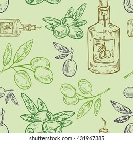 Seamless with  olive , olive branch, bottle with olive oil. hand drawn   
