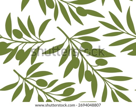 Seamless olive branch pattern with green botanical leaves and olives on a white background. A natural Mediterranean design for fresh, elegant and packaging. Perfect for textiles, wallpaper, 