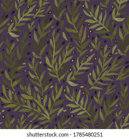 Seamless olive branch pattern on purple background