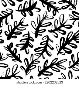 Seamless olive branches pattern with rounded leaves. Black bold leaves and twigs, brush drawn botanical ornament. Hand drawn monochrome foliage motif. Vector botanical seamless background.