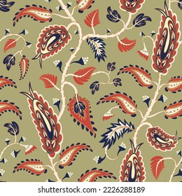 Seamless olive brown pattern with stylized red flowers. Decorative oriental floral background. Turkish or indian motif