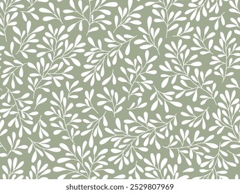 Seamless olive floral background with white leaves. Hand drawn minimal abstract organic shapes pattern. Delicate vector olive abstact pattern with white leaves.