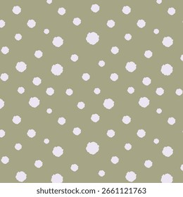Nahtloser olivgrüner Hintergrund mit weichen weißen Tupfen, perfekt für Stoff, Geschenkverpackung, Kindermode und textiles Oberflächendesign.