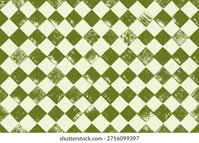 Oliveira sem costura verde diamante xadrez padrão com vintage textura angustiada com efeito grunge para papel de parede e têxtil. Fundo rústico vetor arlequim rhombus em verde sábio e cores hortelã. 