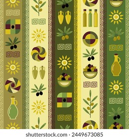 Seamless olive oil themed pattern with icons, geometric shapes, Greek meander ornament on vertical striped background. For branding, decoration of food package, decorative print for kitchen