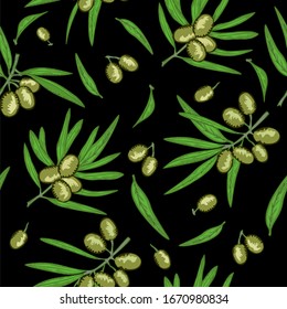 Nahtloses Olivenmuster mit Ästen, Früchten aus dem Chartreuse, Blätter auf schwarzem Hintergrund. Handgezeichnete botanische Textur. Vektorillustration-Illustration mit Doodles-Design-Element für Tapeten, Karten, Deckel, Stoffdruck
