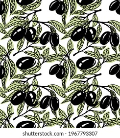 Patrón de oliva sin focas. Aceitunas griegas en ramas con hojas, dibujo a mano ilustración vectorial. 