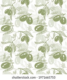 Seamless olive pattern. Greek olives on branches with leaves, hand drawn sketch vector illustration. 