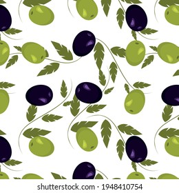 Seamless olive pattern with green leaves. Vector pattern