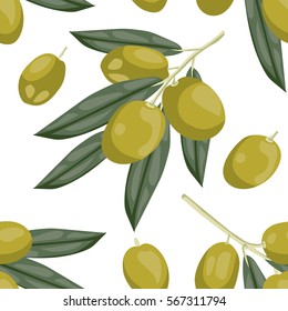 Seamless olive pattern. Tile green olive vegetable pattern. Vegetarian wrapping paper texture.