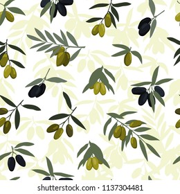 Seamless olives branches pattern with black and green olives. Stock vector