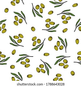 Seamless olives pattern. Vector illustration. Colorful olives on white background.