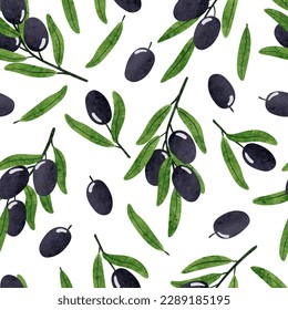 Seamless olives pattern. Vector watercolor olive branches illustration