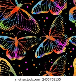 A seamless on a dark background with colored butterflies. hand drawing. Not AI, Vintage background. Vector illustration.