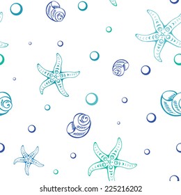 seamless on sea themes with seashells,  starfish and babble on white background