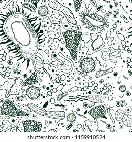 Seamless one color pattern with bacterias and infusorias. Editable vector illustration in unique hand-drawn style. Biological creative background.