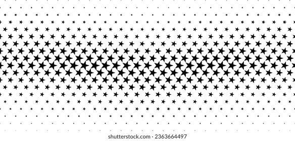 Seamless in one direction. Halftone vector background. Filled with black stars . Short fade out with broken guide rail