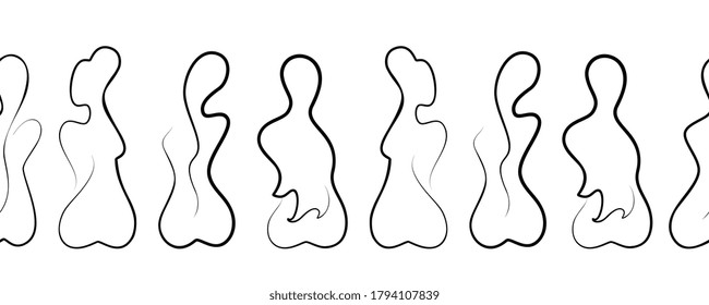 Borde de una línea sin problemas con hembras desnudas de dibujo. La mujer de la belleza apoya en el estilo de arte de boceto. Dibujo de línea continua de las figuras de las chicas, Ilustración de un solo vector de contorno
