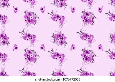 Seamless one tone pattern in small pretty flowers. Poppy bouquets.  Millefleurs. Floral background for textile, wallpaper, pattern fills, covers, surface, print, wrap, scrapbooking, decoupage.