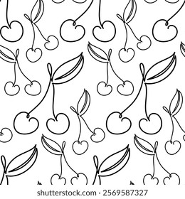  Seamless One-Line Cherry Pattern with Leaves on White Background