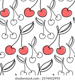 Seamless One-Line Cherry Pattern with Leaves  with Red Accents on White Background