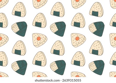 Seamless Onigiri Pattern, Japanese food. Seafood, salmon, rice, nori. Rice with stuffing. Different Japanese rice ball. Traditional asian cuisine. Repeated background, textile, wallpaper, packaging