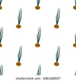 seamless onion pattern with leaves on a white background. Vector illustration on a white background. Vegetable Pattern