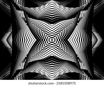 seamless op art creative geometric dynamic pattern, ornament, fashion print, modern black and white background, vector design element