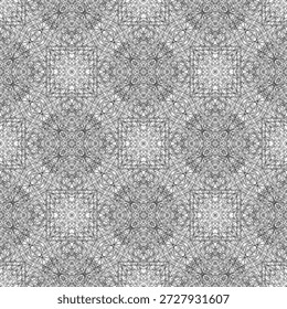 seamless op art creative geometric pattern, ornament, modern linear background, graphic lace effect black lines composition, complex organized intense structure, fashion print, original vector decoration, captivating play of lines and shapes, mathematical precision and artistic expression, interweaving of fine lines creates lacy or web-like texture, inage evokes feeling of intellectual stimulation, mysticism and mystery, peace and meditation, infinity, order in chaos
