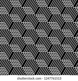 Patrón geométrico de op art sin inconvenientes. Ilusión 3D. Fondo y textura isométrica en blanco y negro. Arte vectorial.