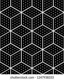 Seamless op art geometric pattern. 3D illusion. Black isometric background and texture. Vector art.