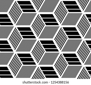 Seamless op art geometric pattern. 3D illusion. Black and white isometric background and texture. Vector art.